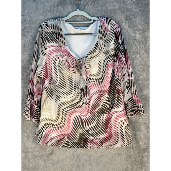 Y2K Dressbarn Blouse 2X Abstract Chiffon Ruffle Collar 3/4 Ruffle Sleeve - Picture 1 of 7